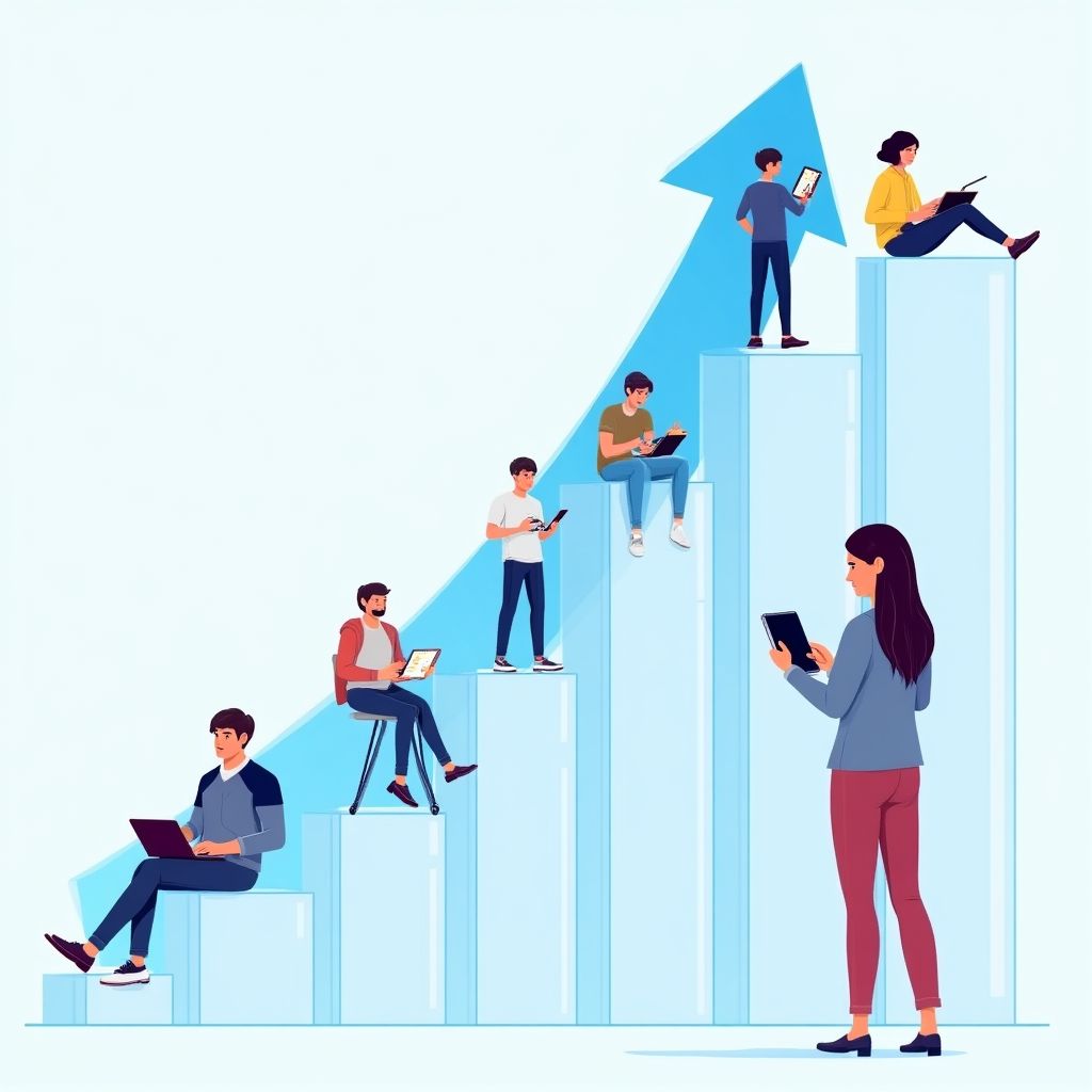 Crecimiento del sector fintech en Argentina visualizado con gráficos y personas usando aplicaciones móviles